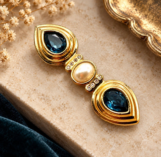 Vintage Gold Tone Deep Blue Glass Faux Pearl Rhinestone Bar Brooch 7.5cm