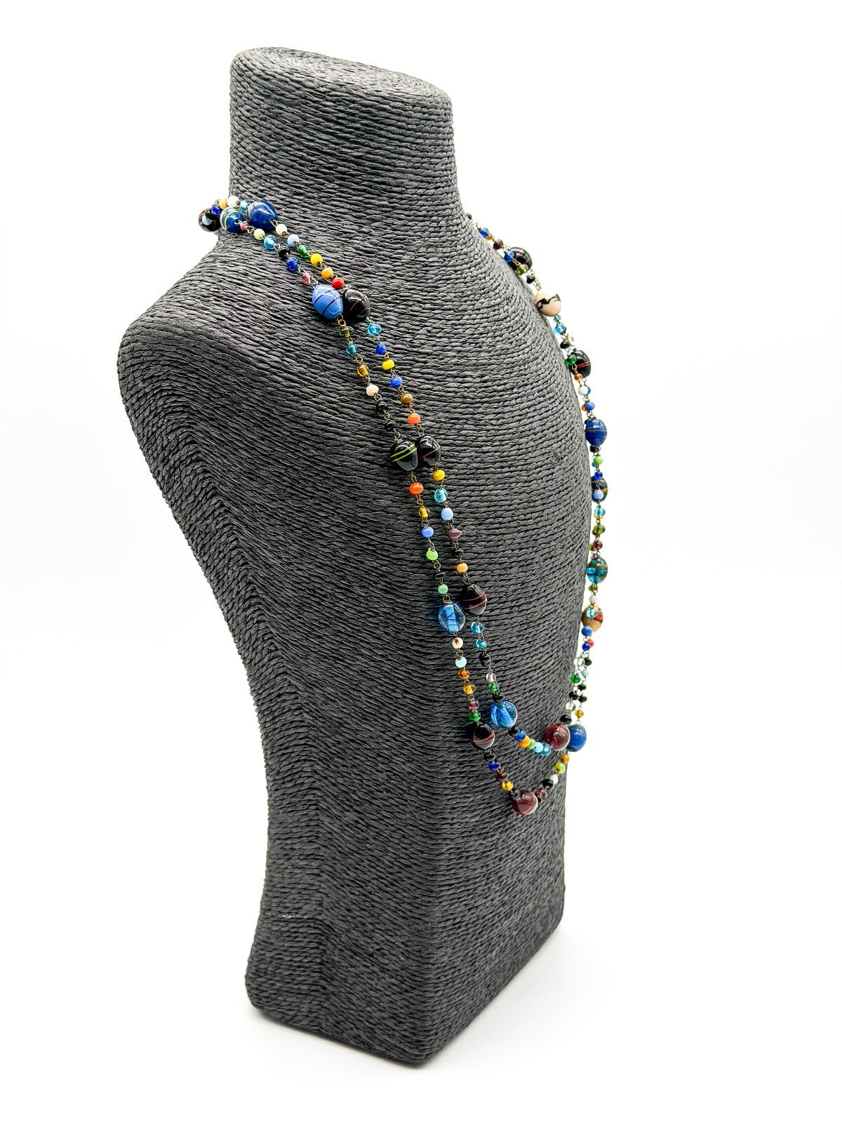 Vintage Murano Glass Necklace Italian Art Glass Flapper Blue Lampwork 26.5”