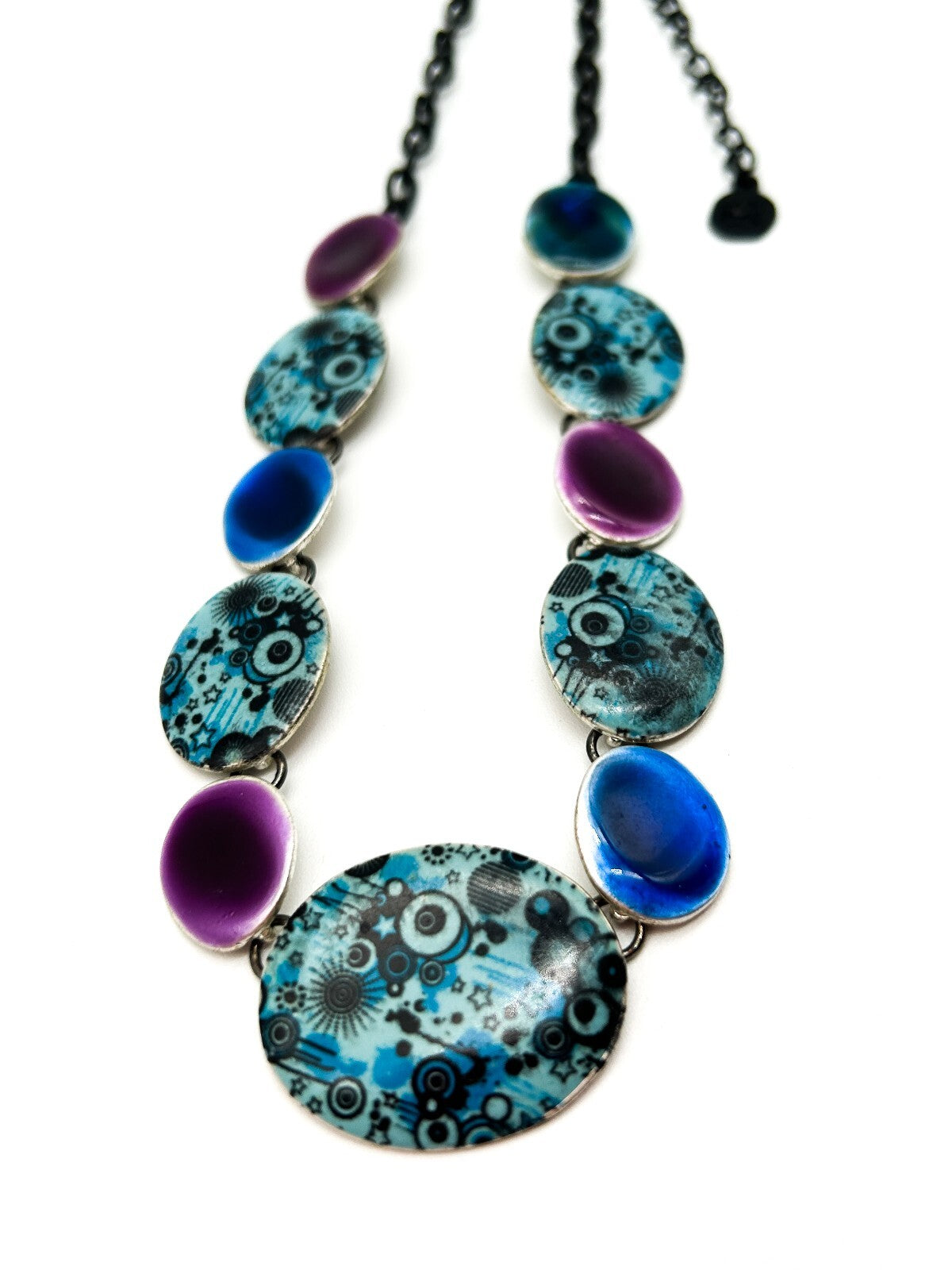 Ikita Statement Necklace Blue Purple Enamel Disc Necklace Articulated Adjustable