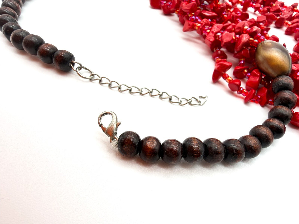 Red Coral Chip 5 Strand Necklace Wood Beads AB Glass Seed Beads 26” Statement