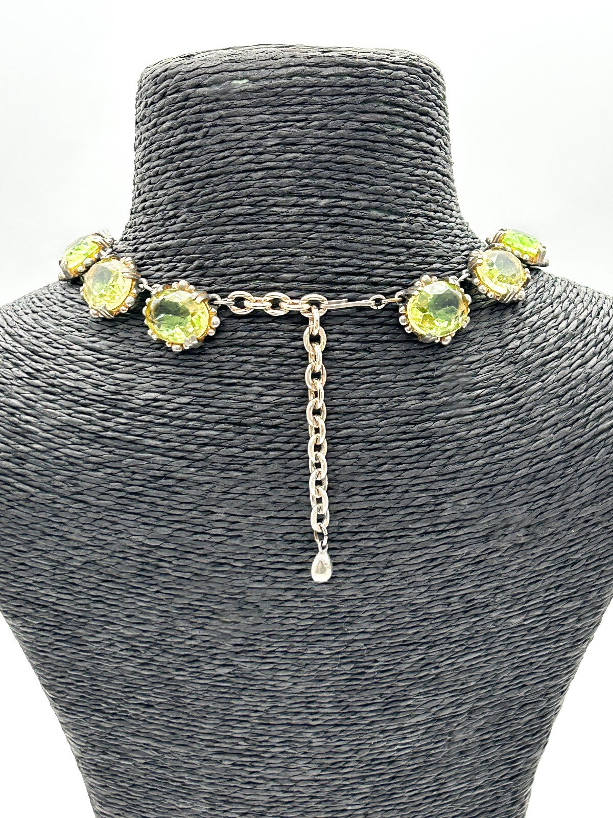 Vintage Lime Green Yellow Faceted Glass Statement Necklace Prong Oval Crystal