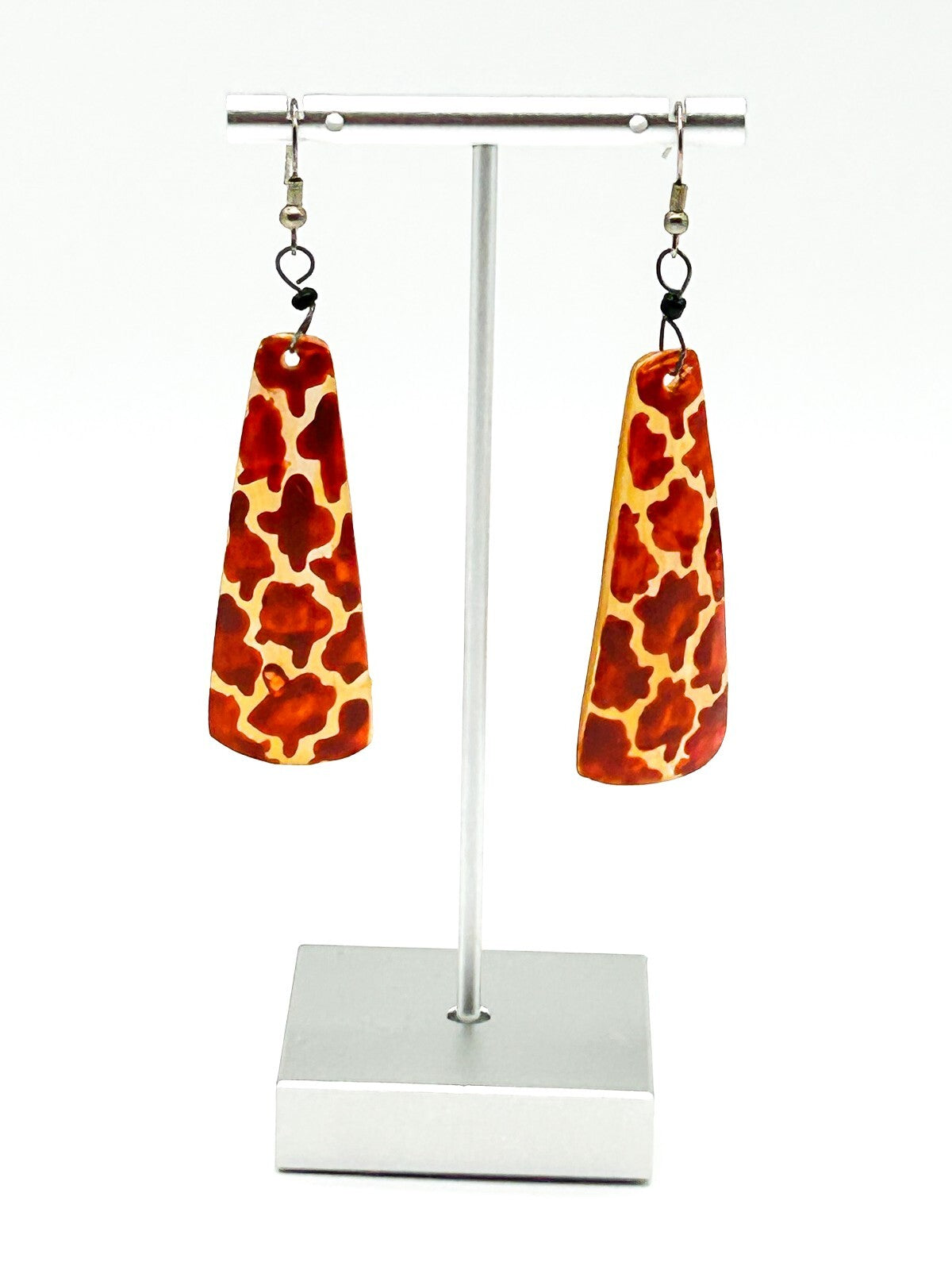 Vintage Hand Painted Organic Material Giraffe Print Drop Earrings Safari Boho