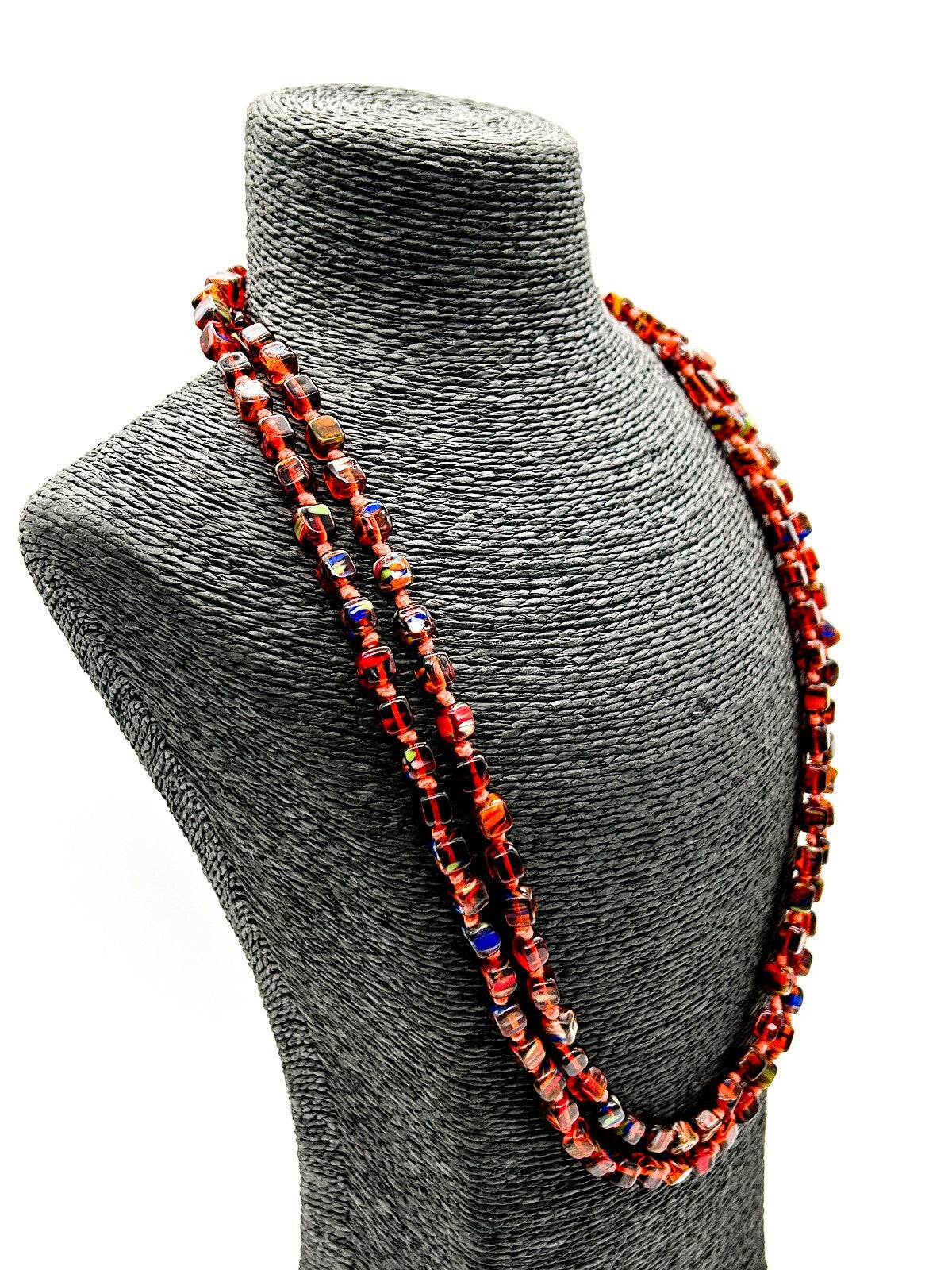 Vintage Orange Czech Art Glass Hand Knotted Necklace Blue Green Spatter Cubes