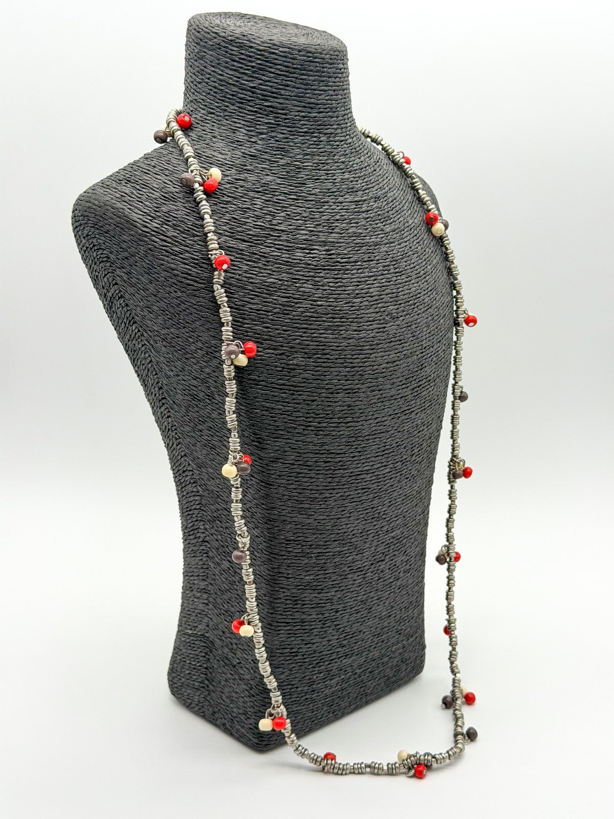 Long Silver Tone Spacer Bead Necklace Red Wood Beads Boho 36” Strand