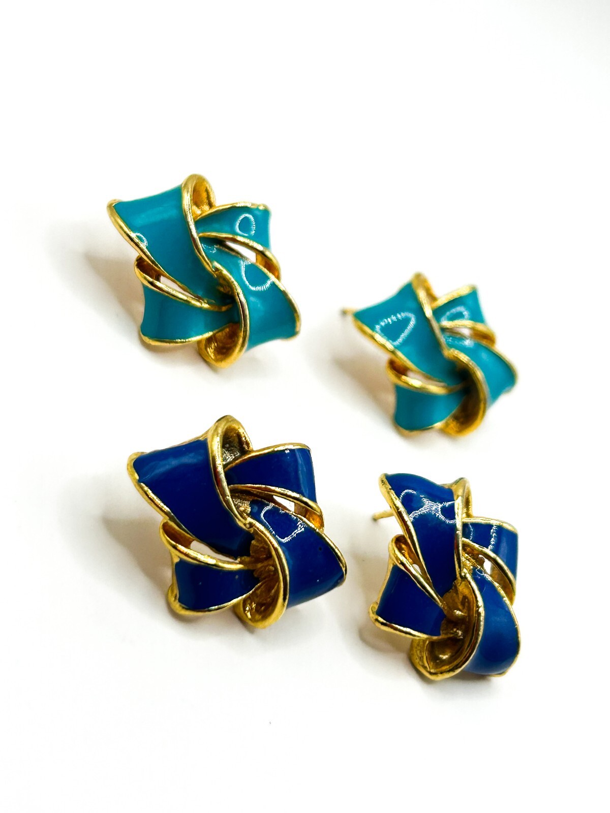 Vintage Blue Enamel Ribbon Knot Stud Earrings Gold Tone Cobalt Turquoise
