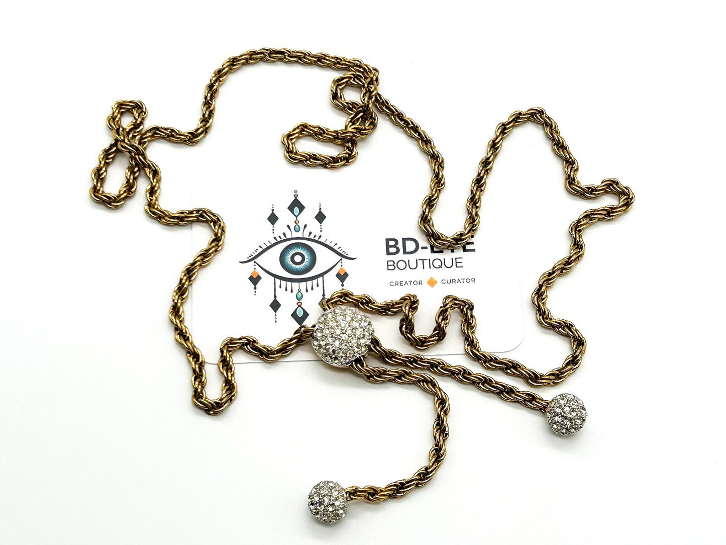 Vintage Gold Tone Rhinestone Bolo Necklace Twisted Rope Chain Adjustable Tassel