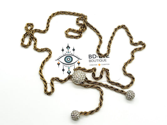 Vintage Gold Tone Rhinestone Bolo Necklace Twisted Rope Chain Adjustable Tassel