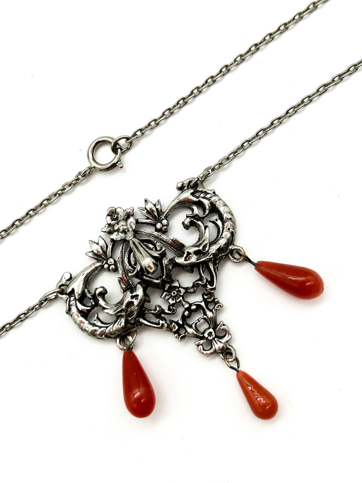 Vintage Art Nouveau Style Pendant Necklace Silver Tone Orange Glass Drops