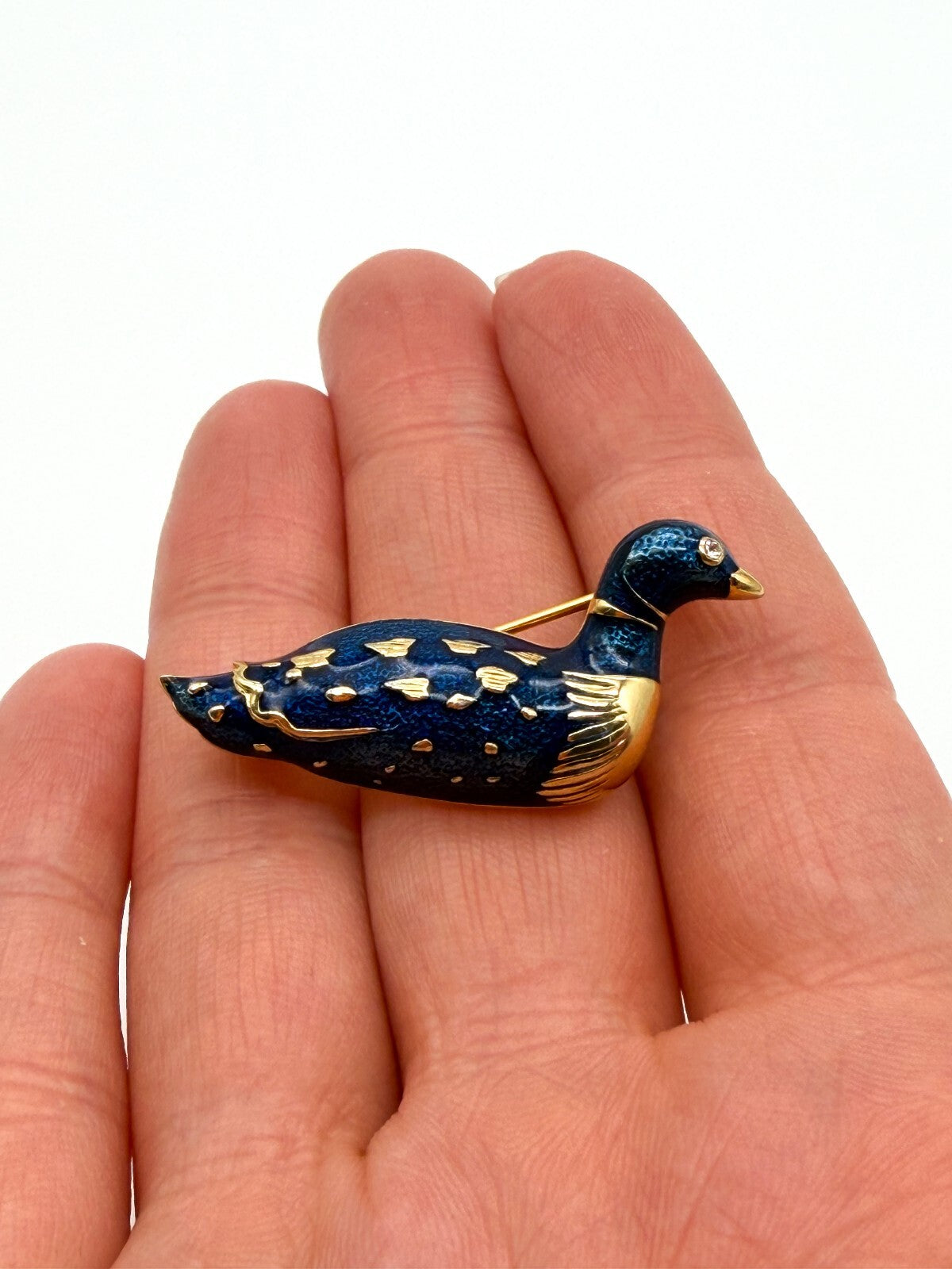 Vintage Blue Enamel Duck Bird Brooch Gold Tone Rhinestone Eye Pin