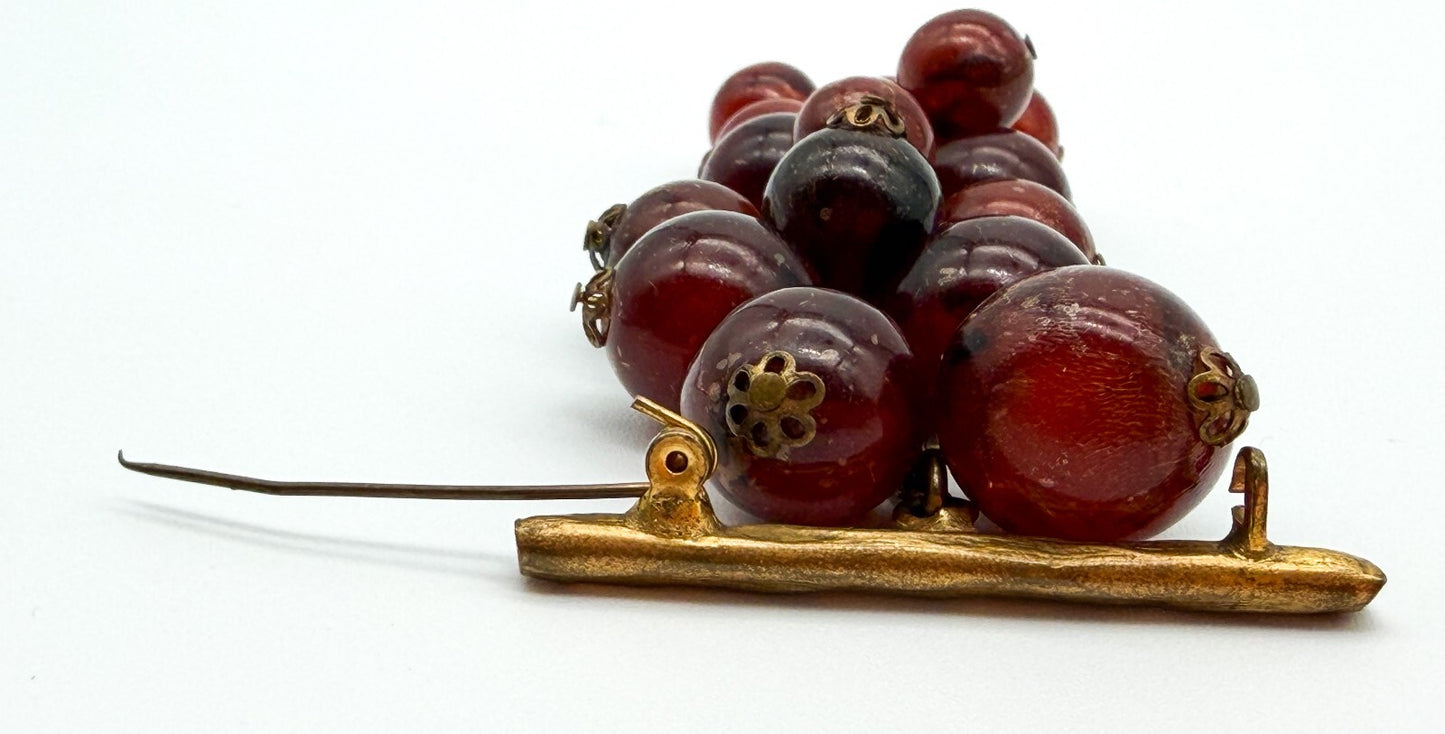 Vintage Cha Cha Lucite Grape Cluster Brooch Red Berry Gold Tone Pin 3.5 Inch