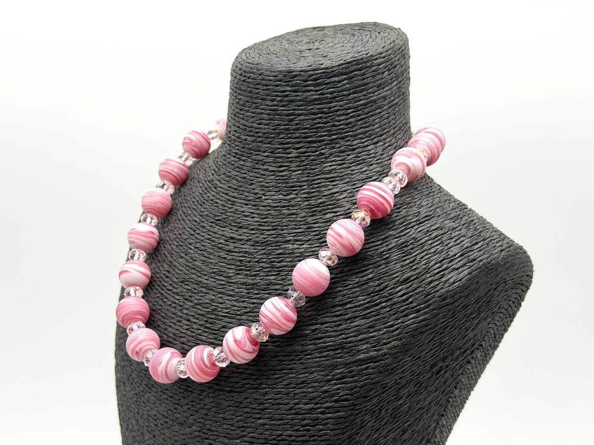 Pink Swirl Art Glass Bead Necklace Crystal Spacer Statement Toggle 18.5”