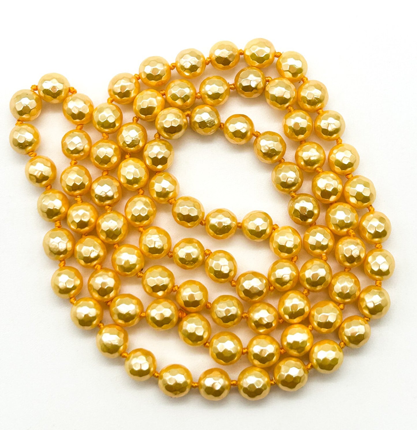 Vintage Yellow Glass Pearl Lustre Beaded Necklace Hand Knotted Long 29”