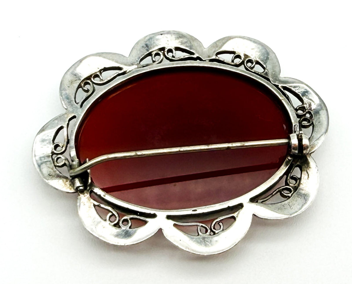 Vintage Carnelian Silver Plated Statement Brooch Oval Gemstone Scalloped Pin