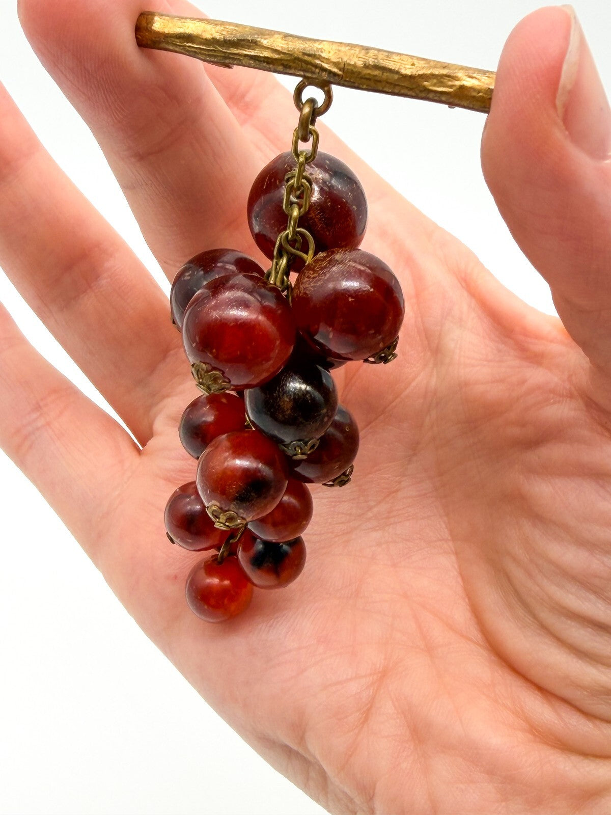 Vintage Cha Cha Lucite Grape Cluster Brooch Red Berry Gold Tone Pin 3.5 Inch