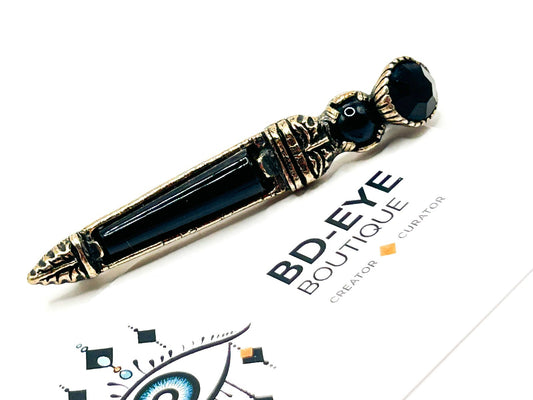 Vintage Miracle Black Glass Kilt Pin Brooch Antiqued Gold Tone Signed