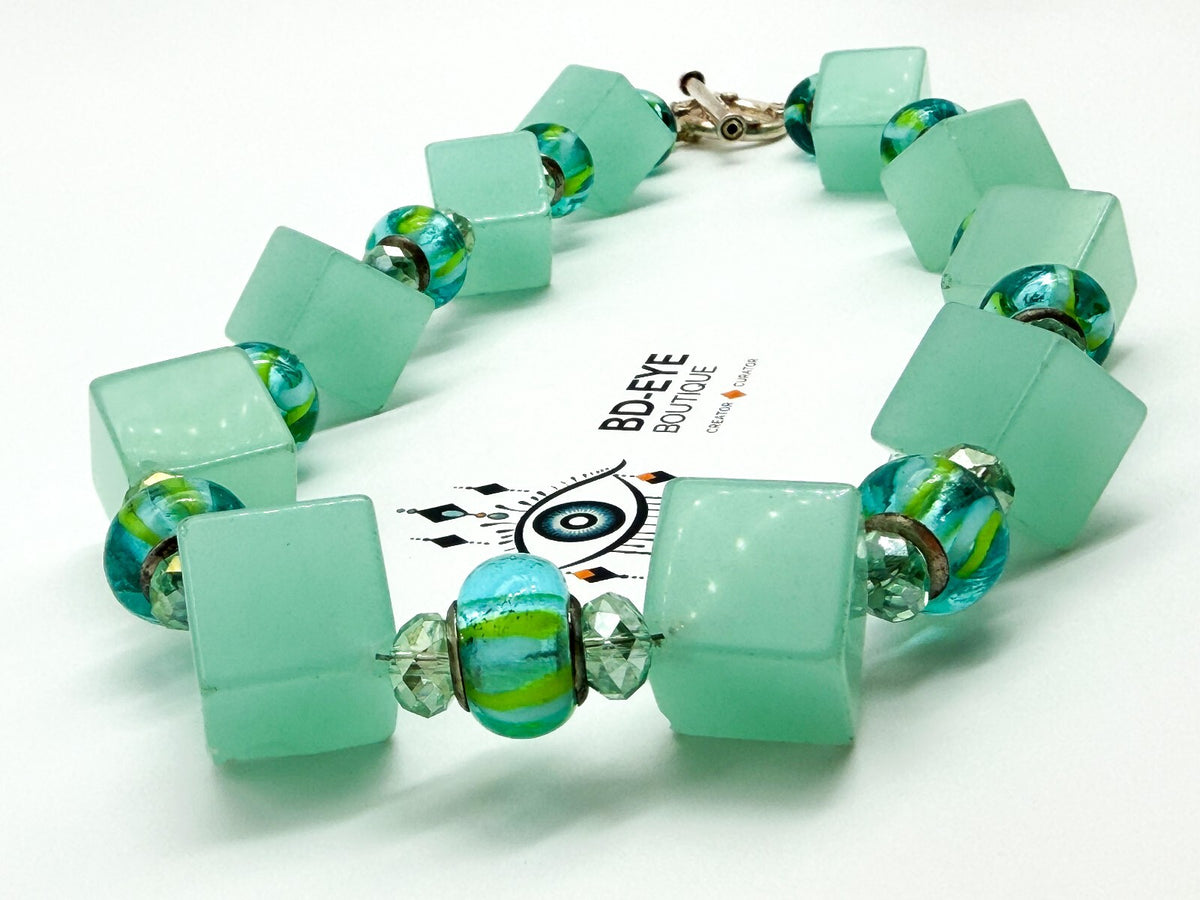Chunky Mint Green Glass Statement Necklace Lampwork Glass Toggle Clasp