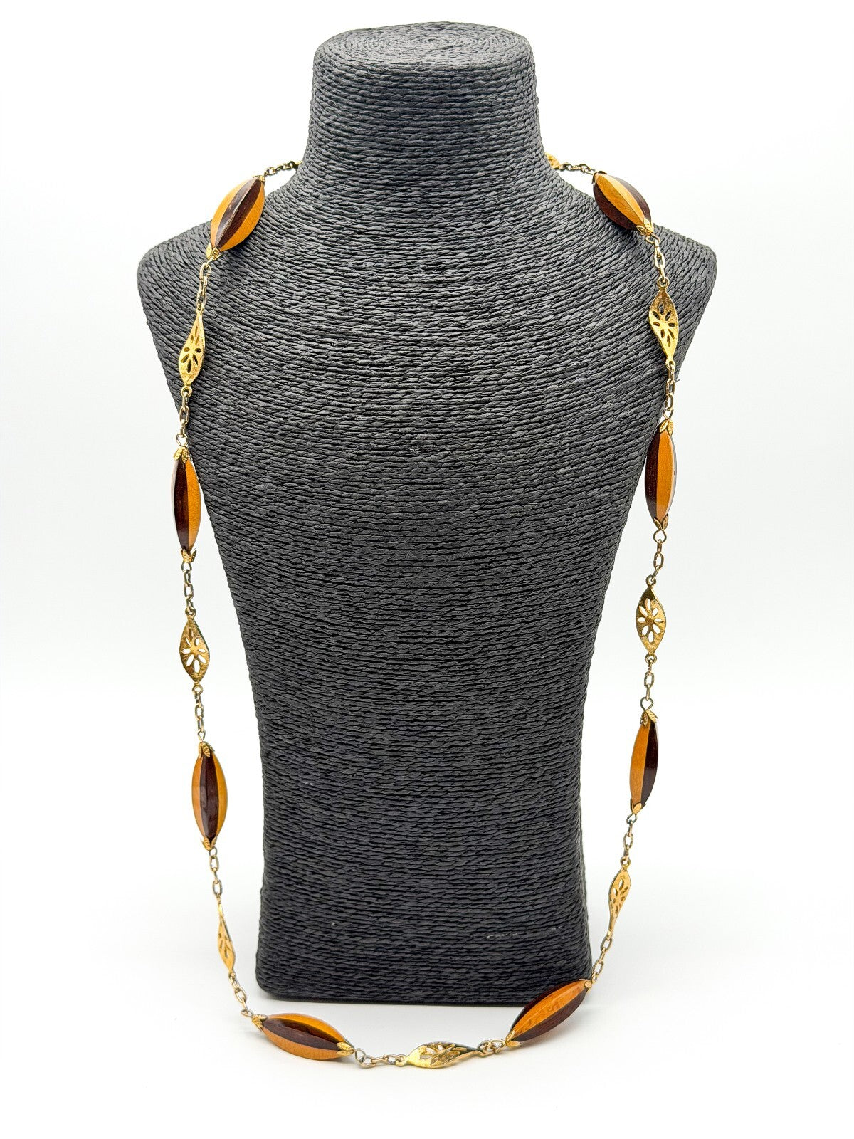 Vintage Two Tone Wood Necklace Gold Tone Openwork Floral Links Long