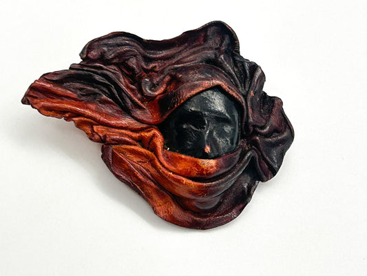 Vintage Hand Moulded Leather Veiled Face Brooch Artisan Sculpted Figural Pin