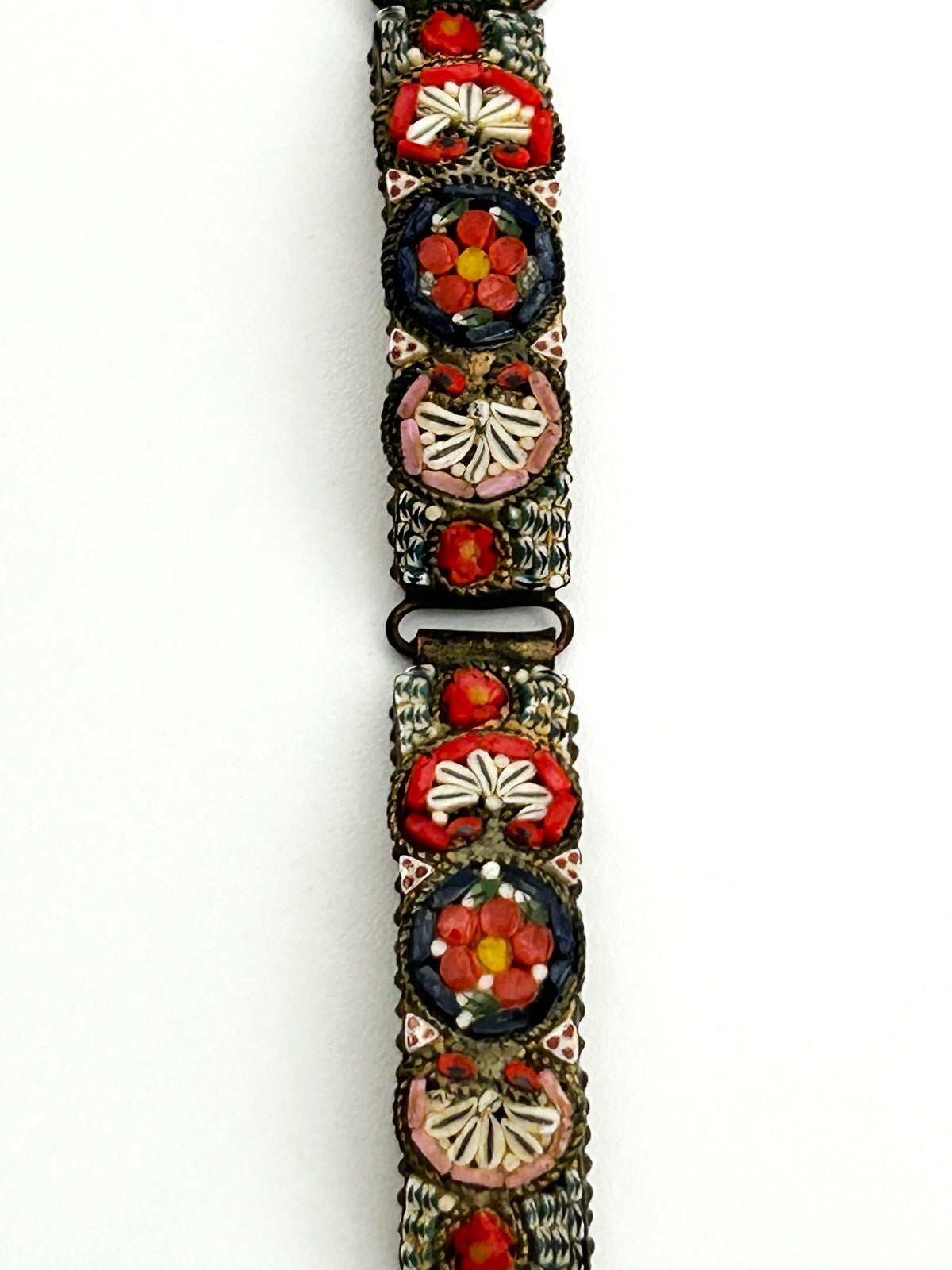 Vintage Italian Micro Mosaic Bracelet RM Made In Italy Red Floral Panel Bracelet