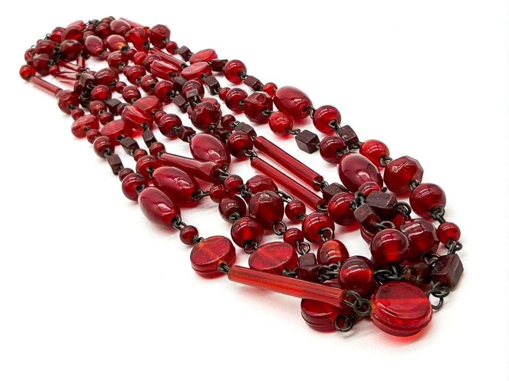 Vintage Red Glass Tube Disc & Oval Bead Necklace Long Layering Continuous Strand