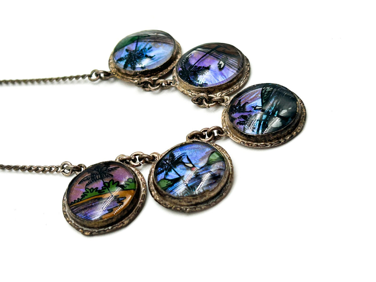 Morpho Butterfly Wing Necklace Tropical Painted Bubble Glass Brazil 1920s-1930s