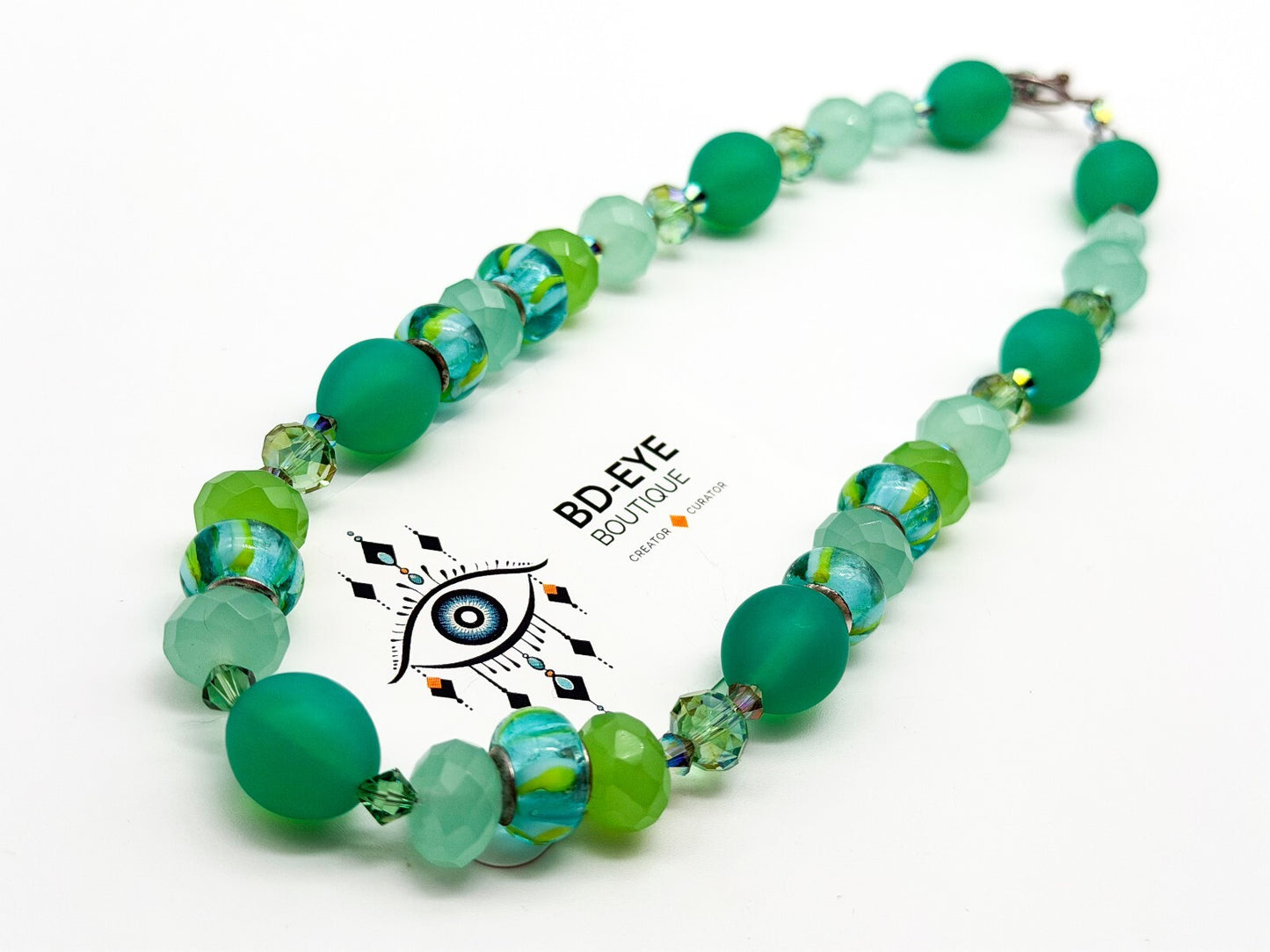 Frosted Green Glass Necklace Earrings Set Lampwork Beads Toggle Clasp Statement