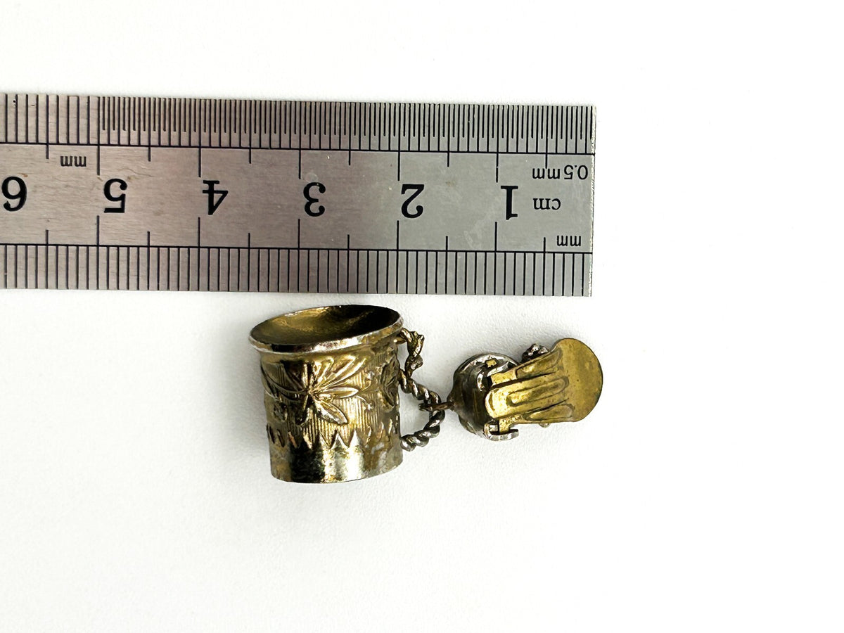 Vintage Silver Tone Tankard Clip On Earrings Novelty Beer Stein Mug Floral