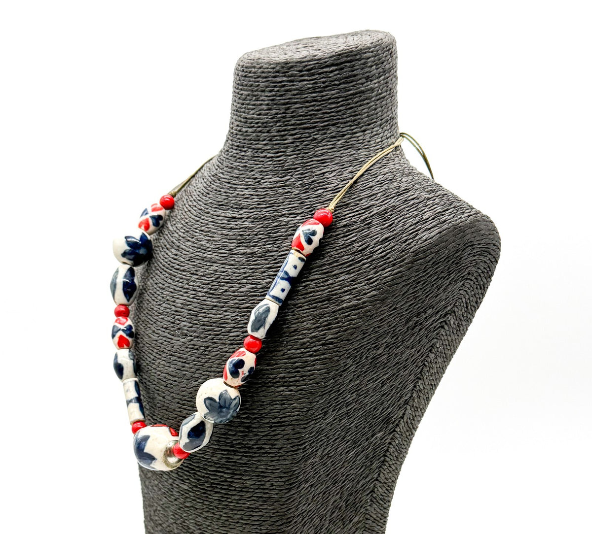Vintage Red Blue White Ceramic Bead Necklace Adjustable Boho Floral Statement