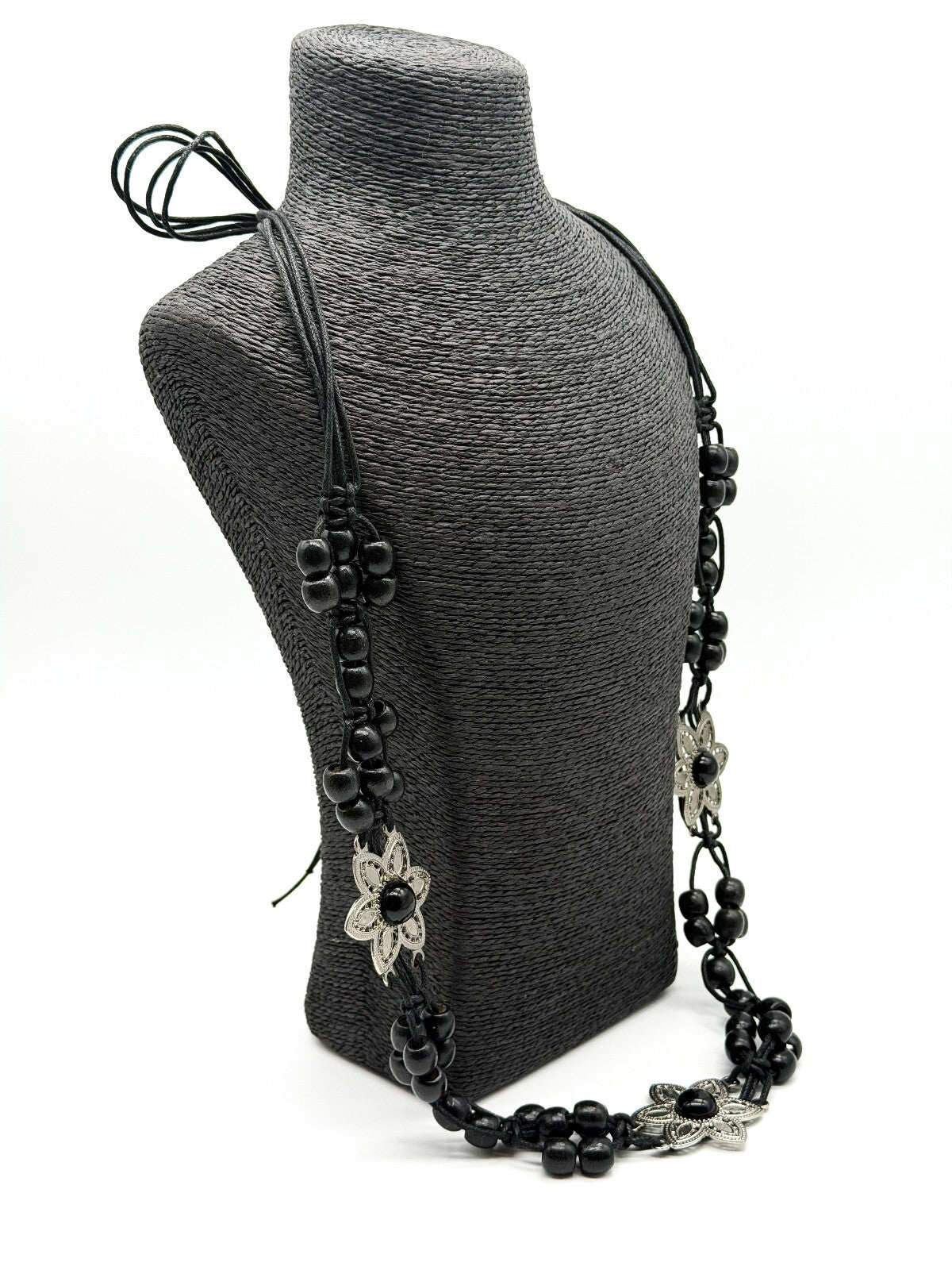 Vintage Black Wooden Bead Tie Belt Multi Strand Boho Floral Silver Tone