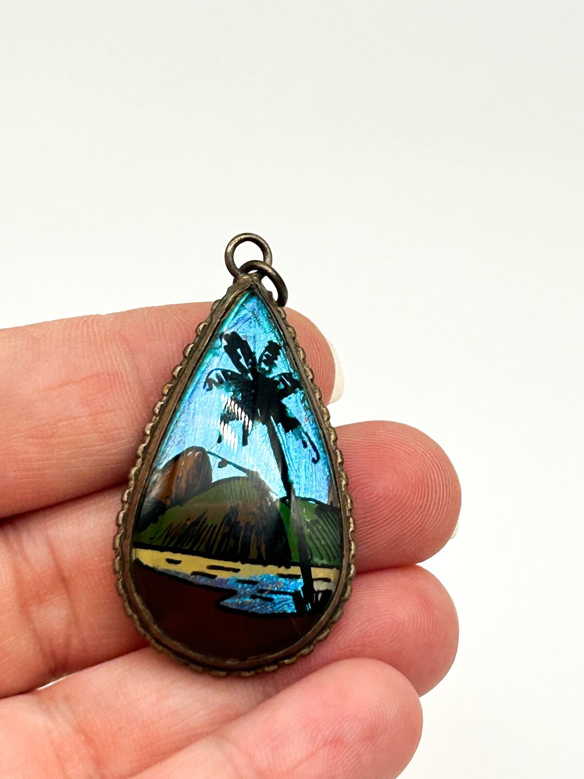 Vintage Morpho Butterfly Wing Pendant Brazil Bubble Glass Deco Reverse Painted