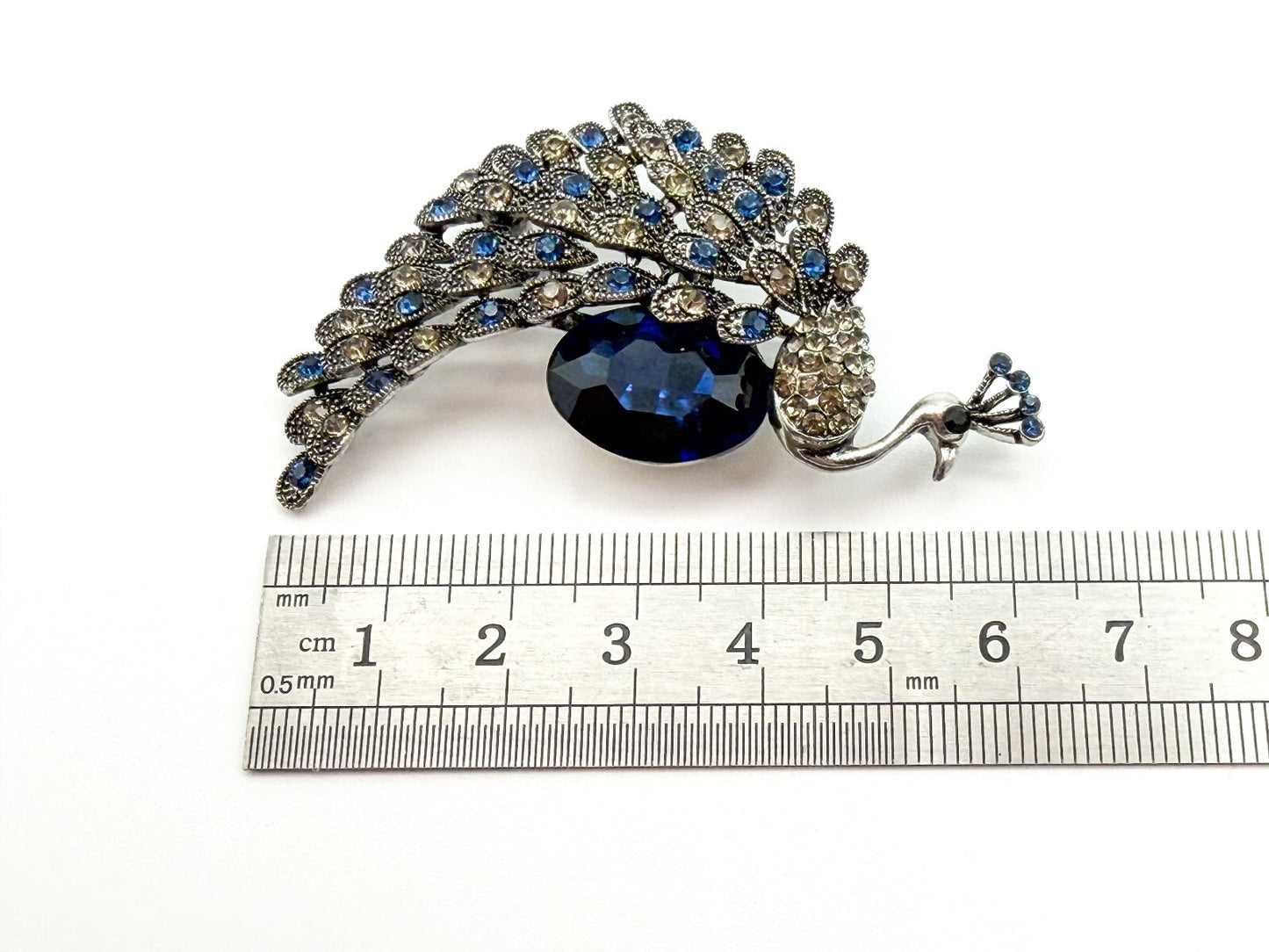 Peacock Rhinestone Brooch Blue Faceted Glass Bird Pin Silver Tone Statement