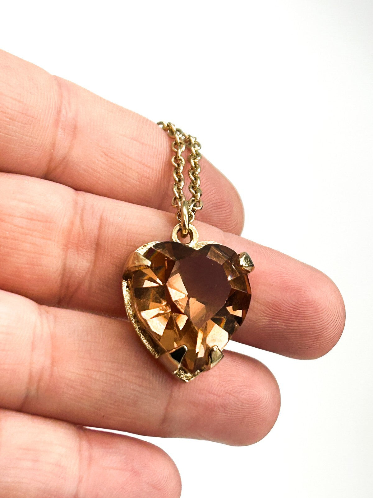 Vintage Gold Tone Smoky Amber Crystal Heart Pendant Necklace Faceted Glass 24”