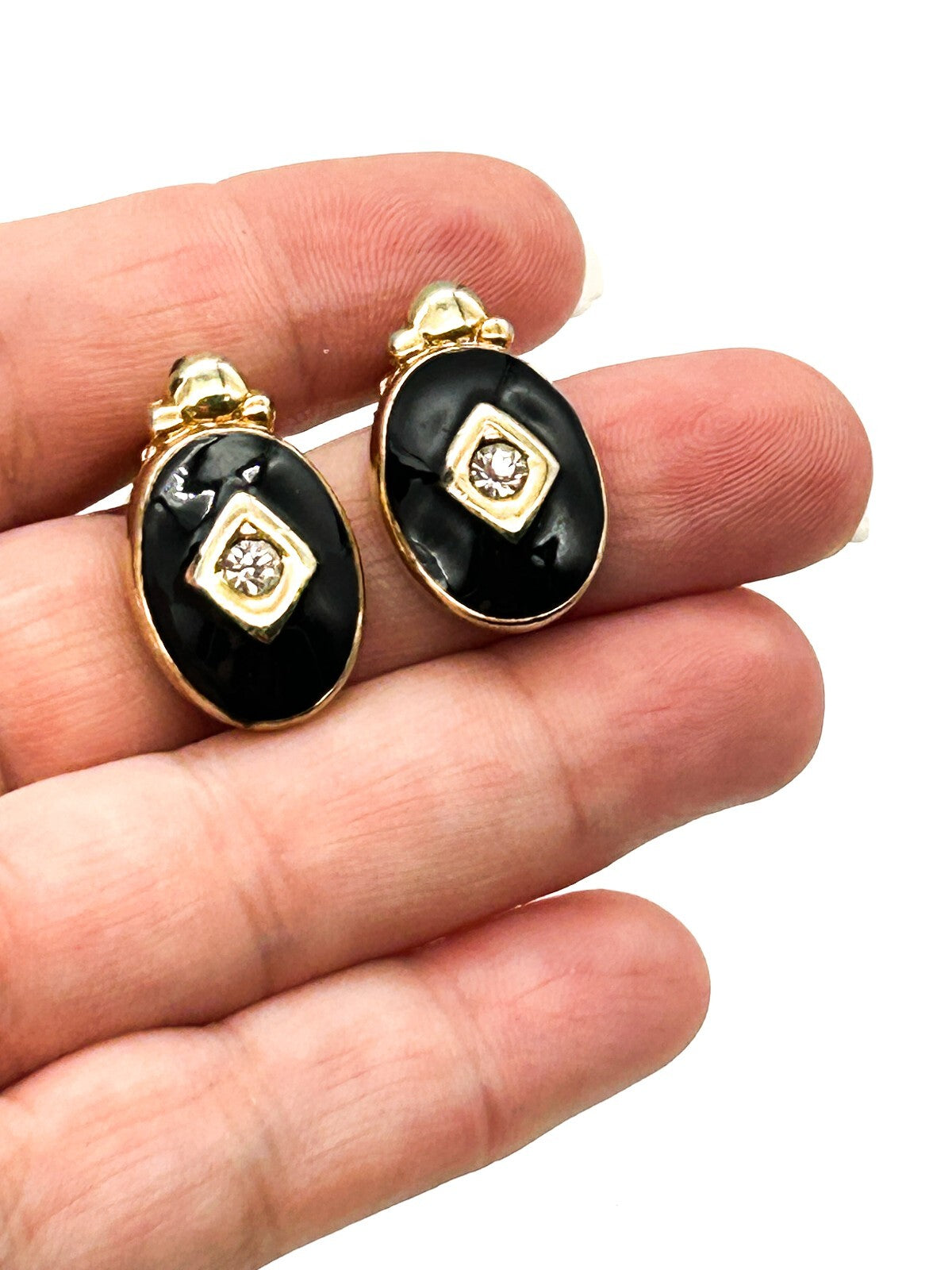 Vintage Gold Tone Black Enamel Clip On Earrings Clear Rhinestone Oval Deco Style