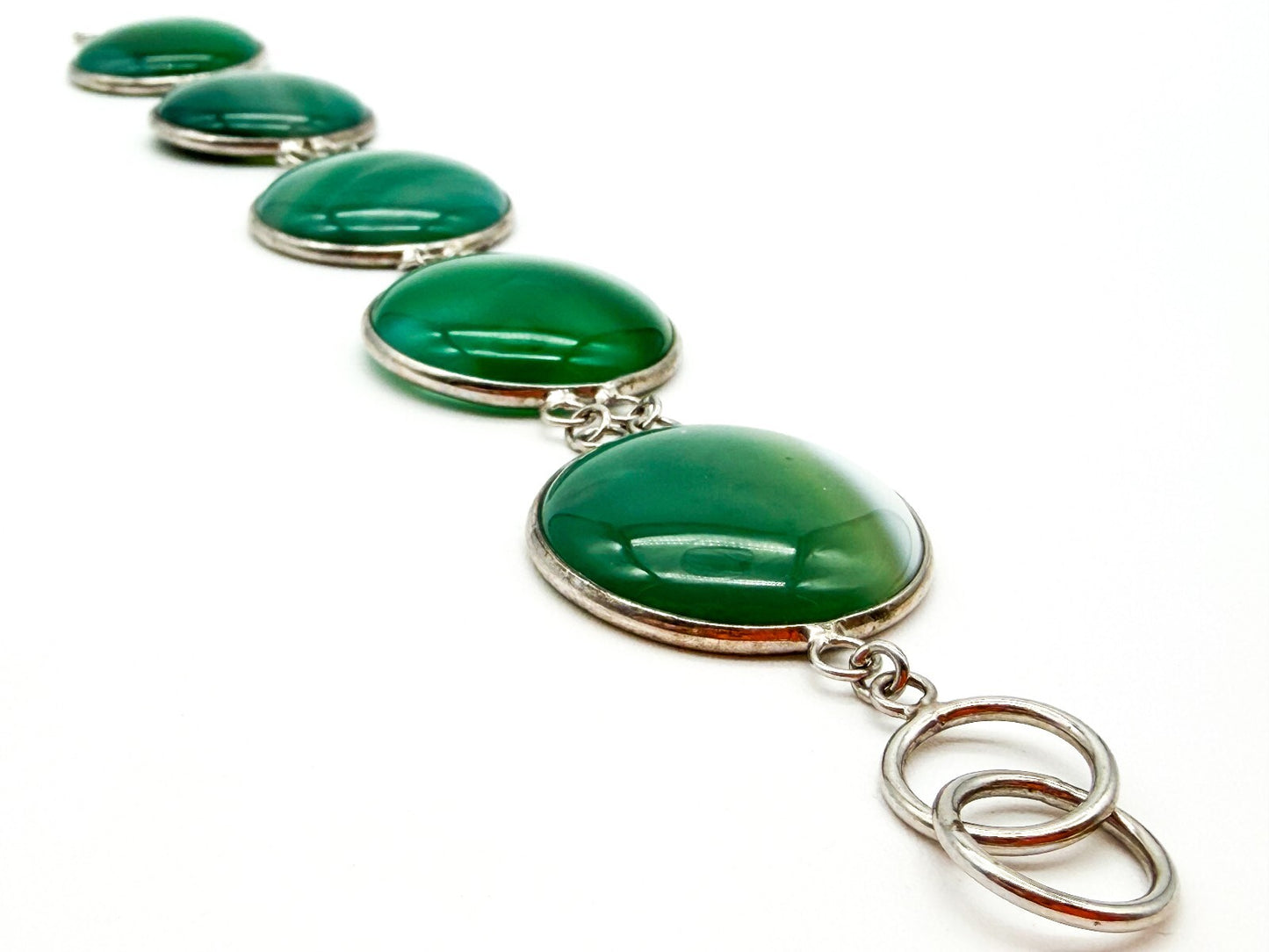 925 Sterling Silver Plated Green Agate Link Bracelet Open Bezel Gemstone Toggle