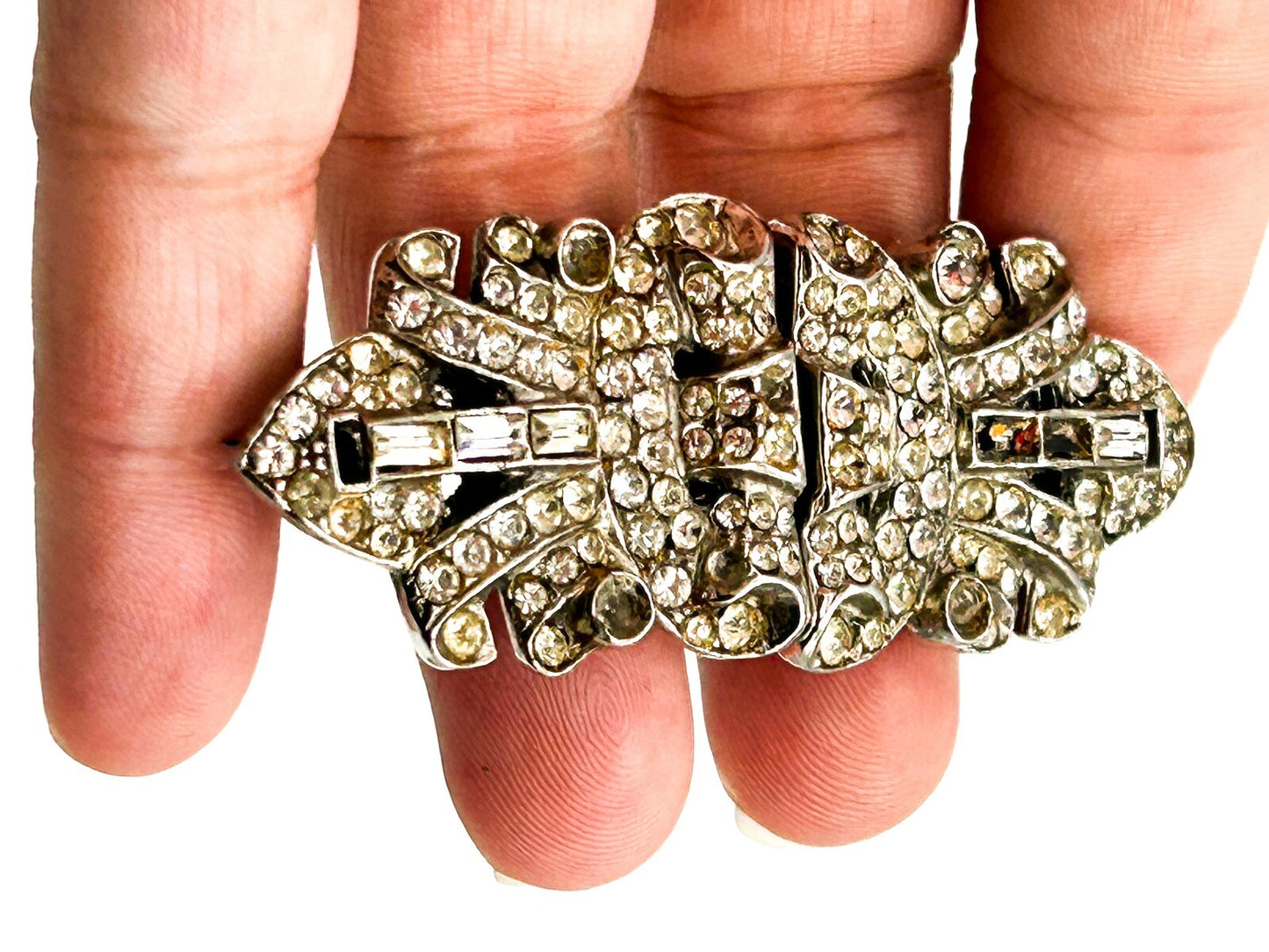 Vintage Rhinestone Duette Brooch Dress Clips Art Deco Style For Restoration