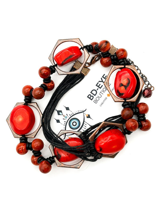 Chunky Red Coral Nugget Necklace Bronze Hexagon Beads Multi Strand Statement