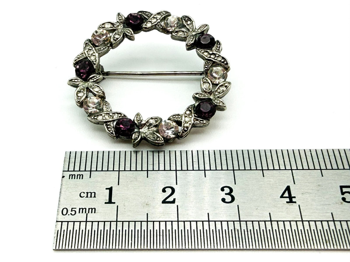 Vintage Purple & Clear Rhinestone Wreath Brooch Silver Tone Floral Pin