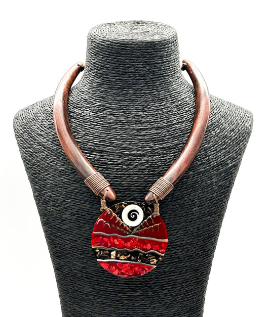 Vintage Boho Wood Collar Necklace Coral Shell Resin Disc Statement Pendant