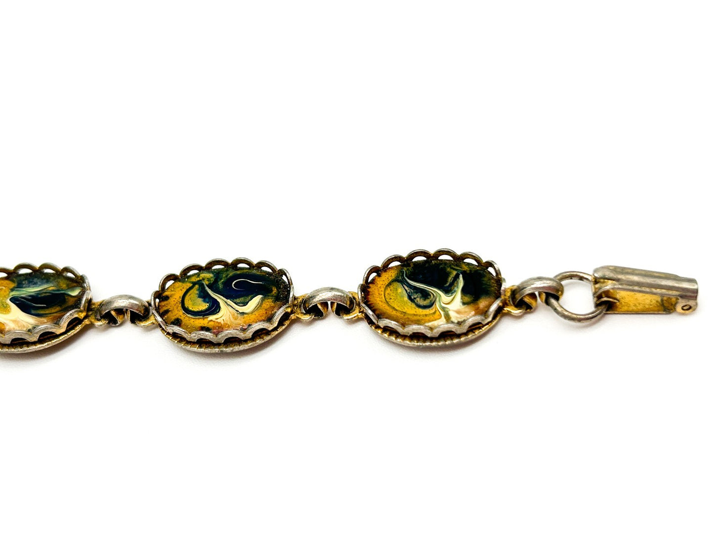 Vintage Enamel Panel Bracelet Gold Blue White Marbled Swirl Oval Bracelet 7.5”