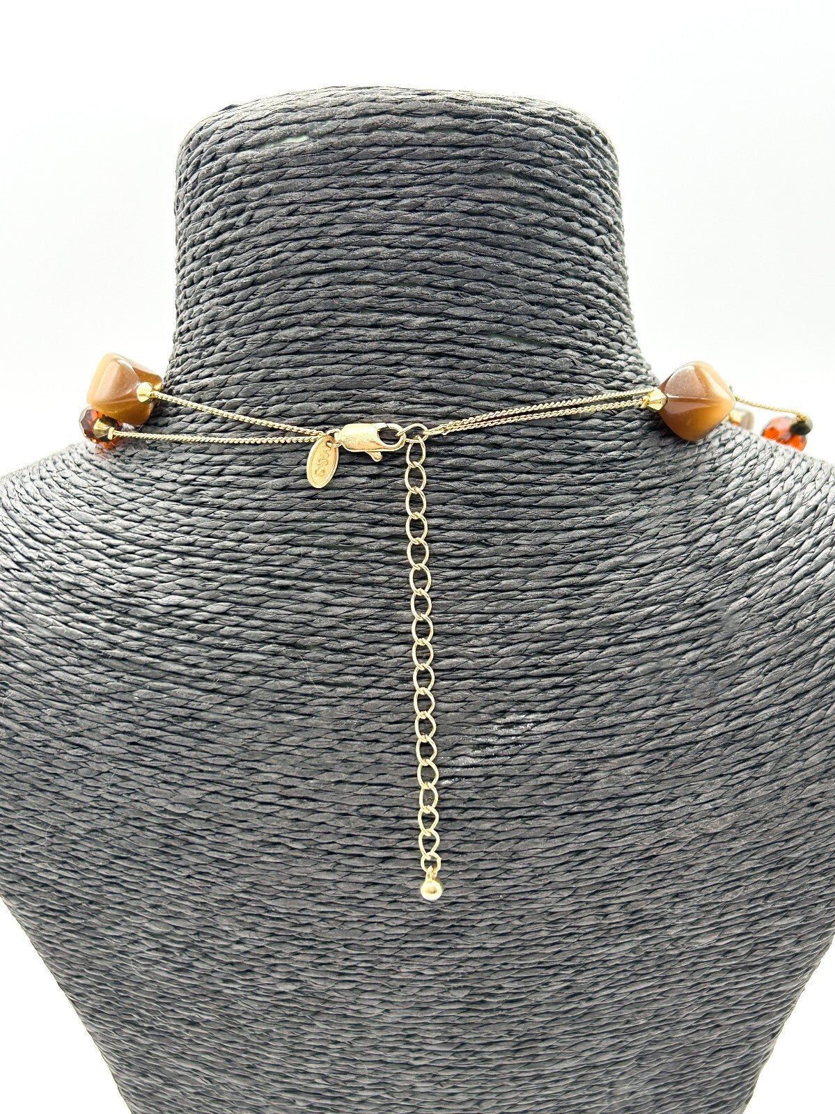 M&S Double Layer Cat’s Eye Glass Bead Necklace Brown Orange Gold Tone