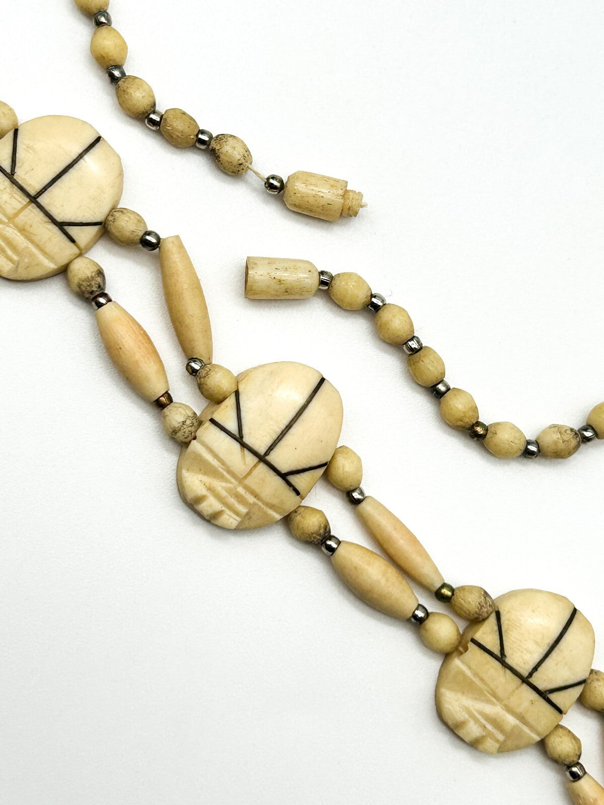 Vintage Carved Scarab Necklace Organic Material Egyptian Revival Beaded 21”
