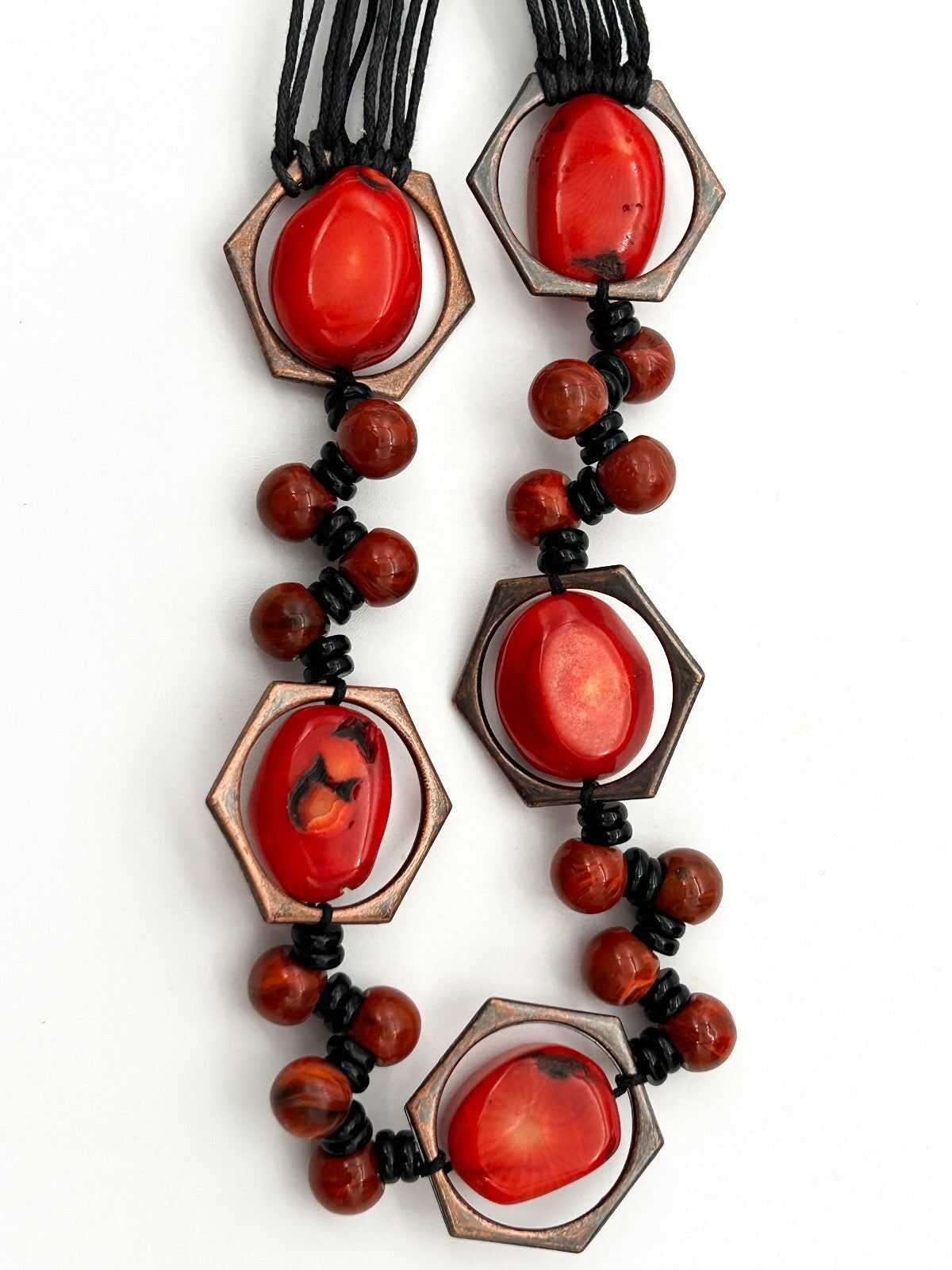 Chunky Red Coral Nugget Necklace Bronze Hexagon Beads Multi Strand Statement