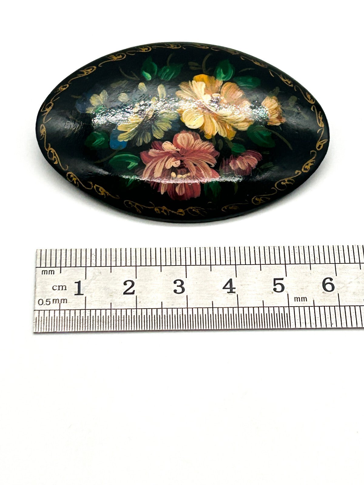 Vintage Russian Hand Painted Lacquer Floral Brooch Signed Black Gold Flower Pin