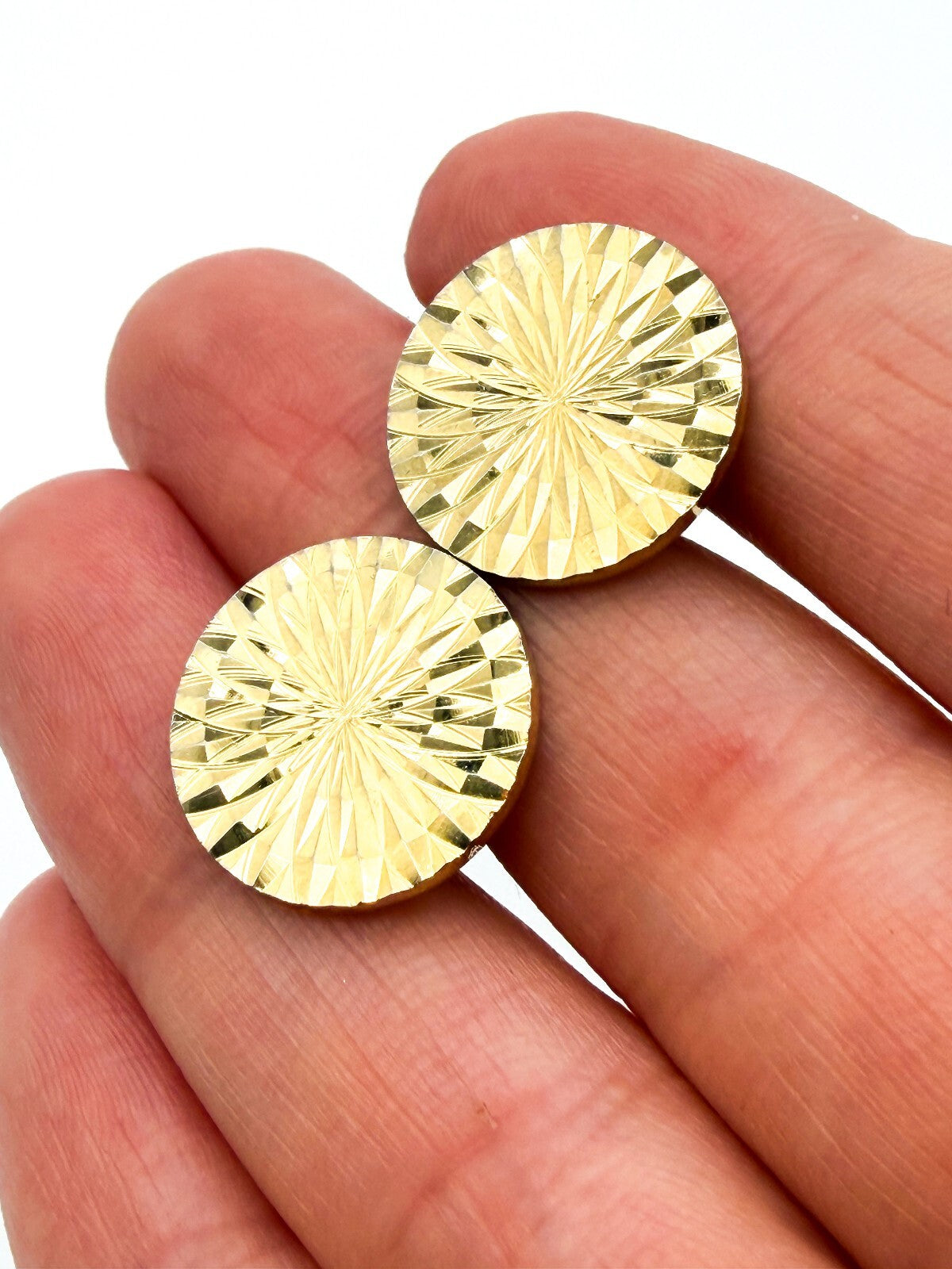 Vintage Gold Tone Engine Turned Cufflinks Diamond Cut Sunburst Round