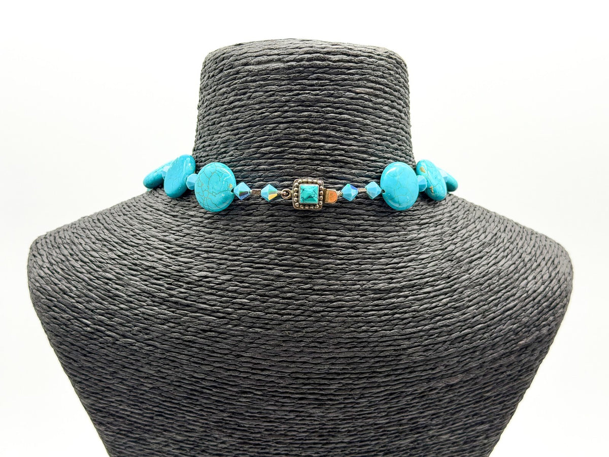 Turquoise Blue Magnesite Pendant Necklace AB Crystal Sterling Silver Box Clasp