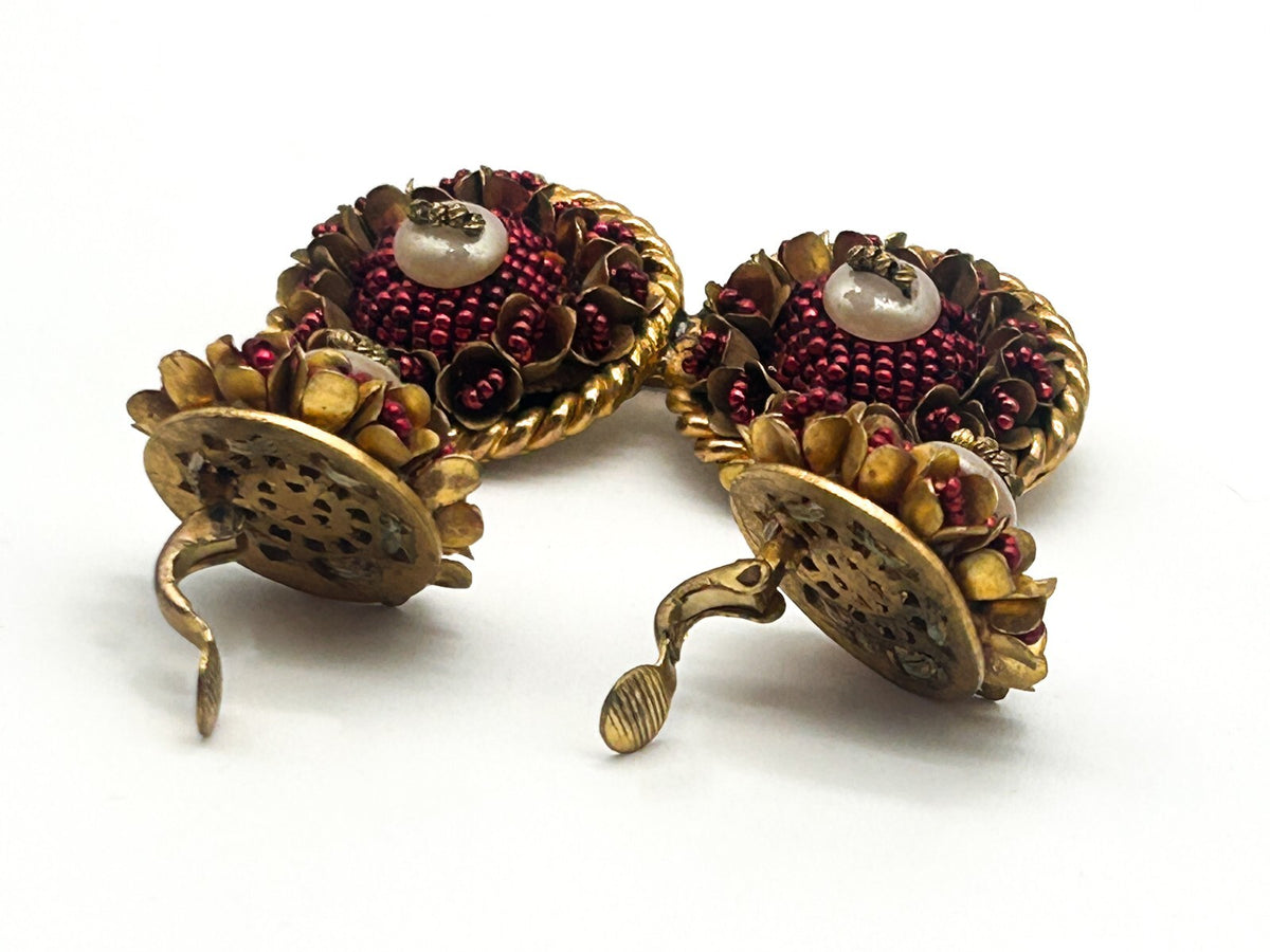 Vintage Cranberry Red Seed Bead Faux Pearl Demi Parure Brooch & Clip On Earrings