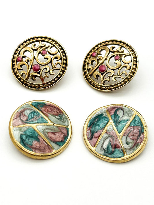Vintage Gold Tone Filigree Stud Earrings & Pastel Enamel Clip On Earrings Pair
