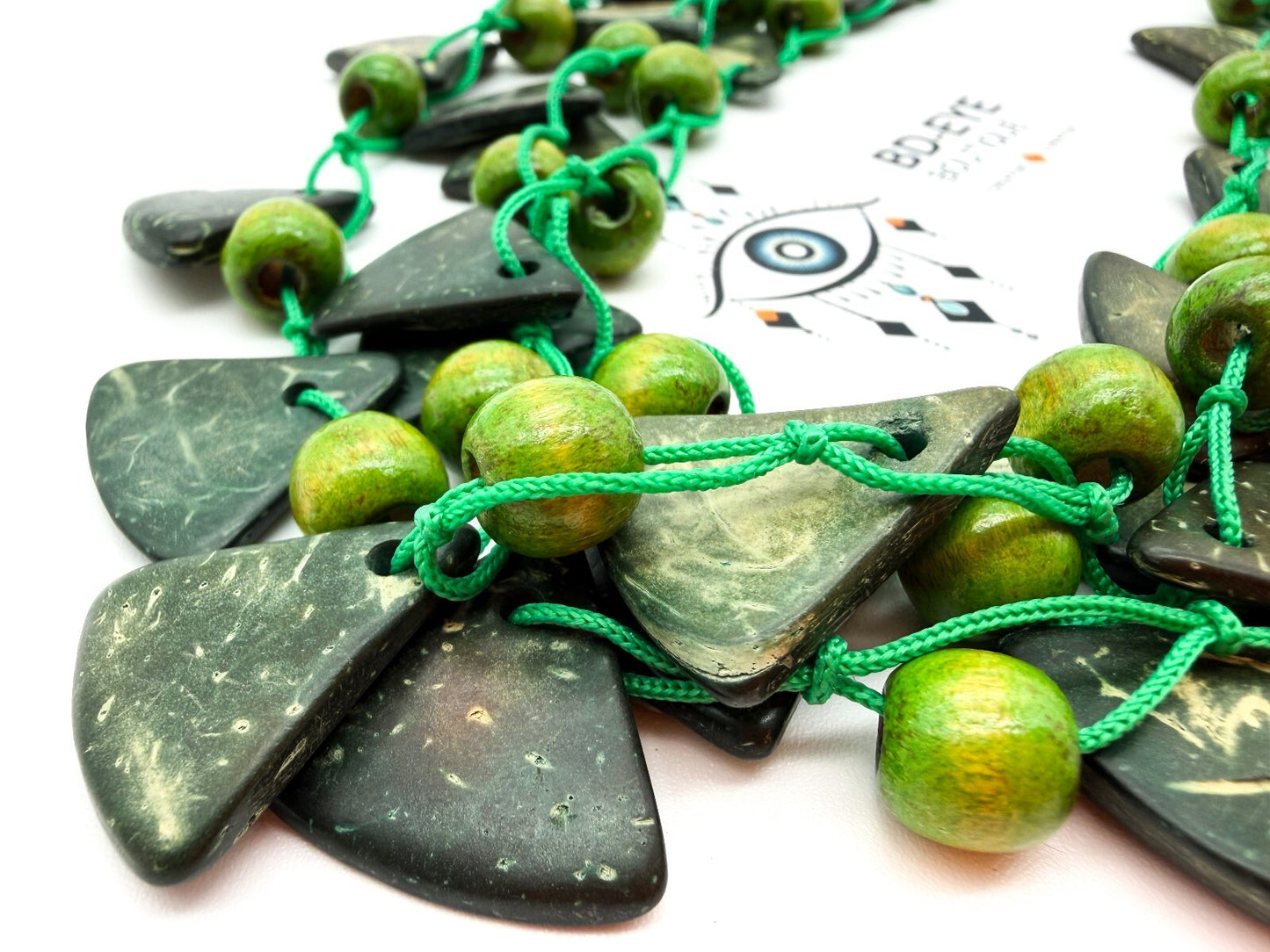 Boho Green Coconut Shell & Wood Bead Necklace Hand Knotted Statement