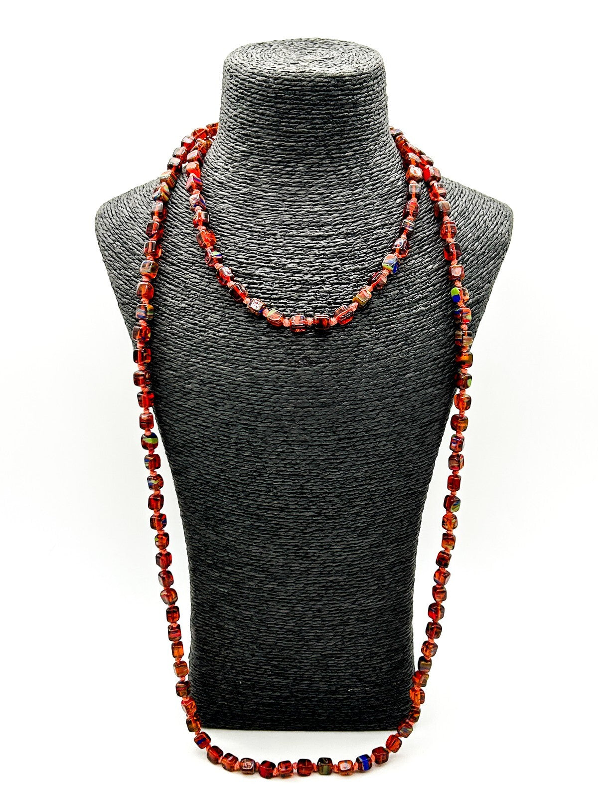 Vintage Orange Czech Art Glass Hand Knotted Necklace Blue Green Spatter Cubes
