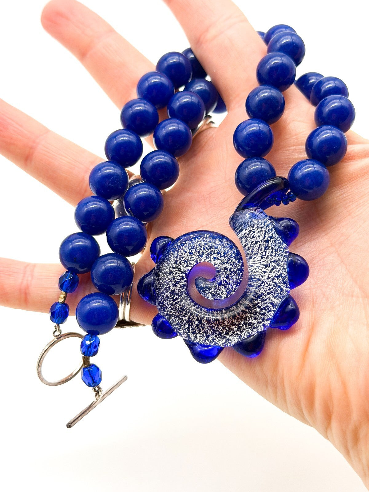 Cobalt Blue Agate Necklace Art Glass Swirl Spiral Pendant Statement Murano-style